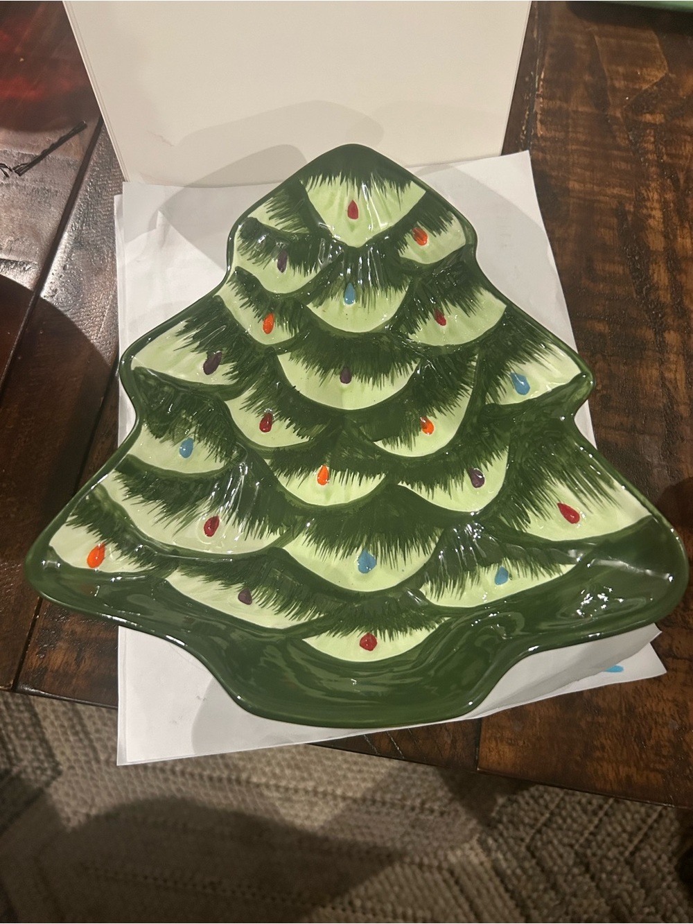 Croton Green Ceramic Christmas Tree Platter with Multicolor Bulbs